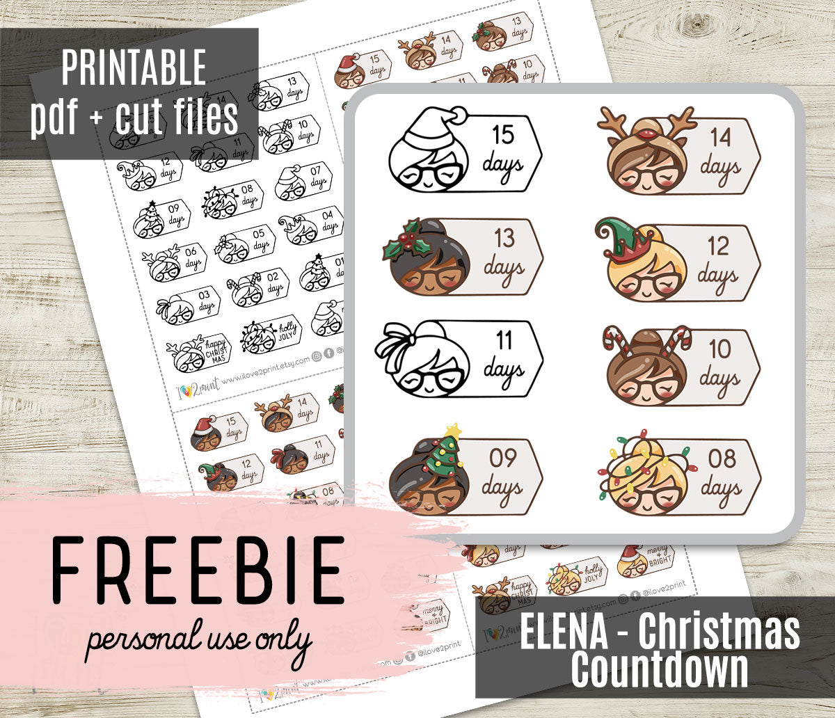 FREEBIE – Elena Christmas Countdown – Printable Planner Stickers – PDF + Cut Files – Instant Download