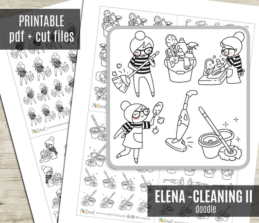 Elena Cleaning II – DOODLE Printable Planner Stickers – PDF & Cut Files – Instant Download