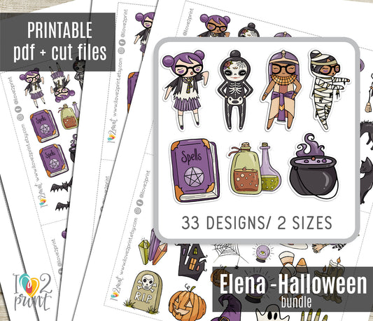 Elena Halloween BUNDLE – Color (2 skin tones) Printable Planner Stickers – PDF + Cut Files