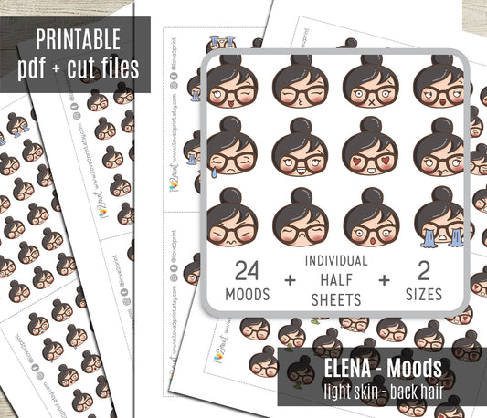Elena Mood Feelings Color Printable Planner Stickers | 24 Faces Fair Skin Black Hair | Emotions PDF Cut Files