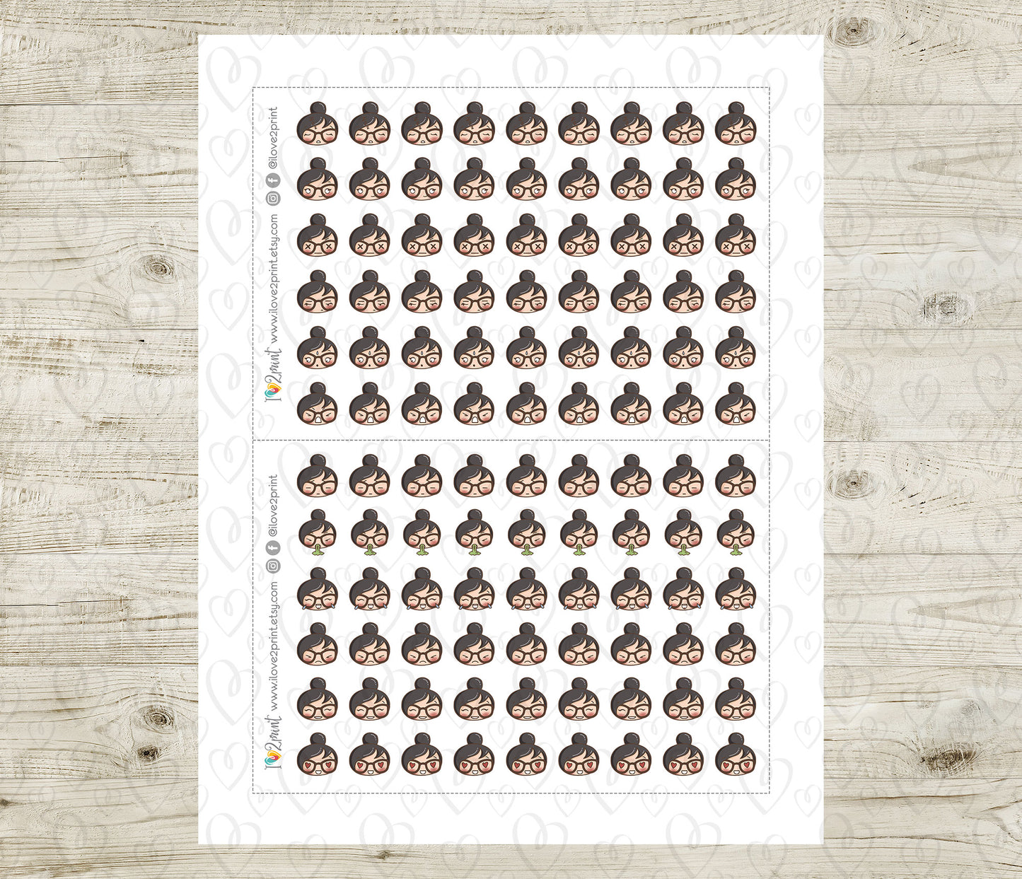 Sheet of small stickers with a girl's mood face on a white background
