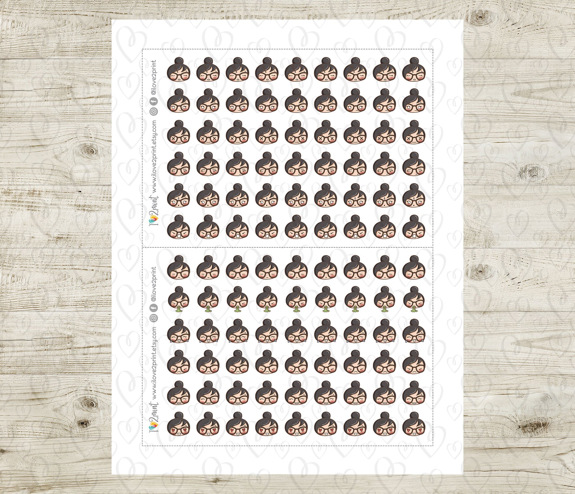 Sheet of small stickers with a girl's mood face on a white background