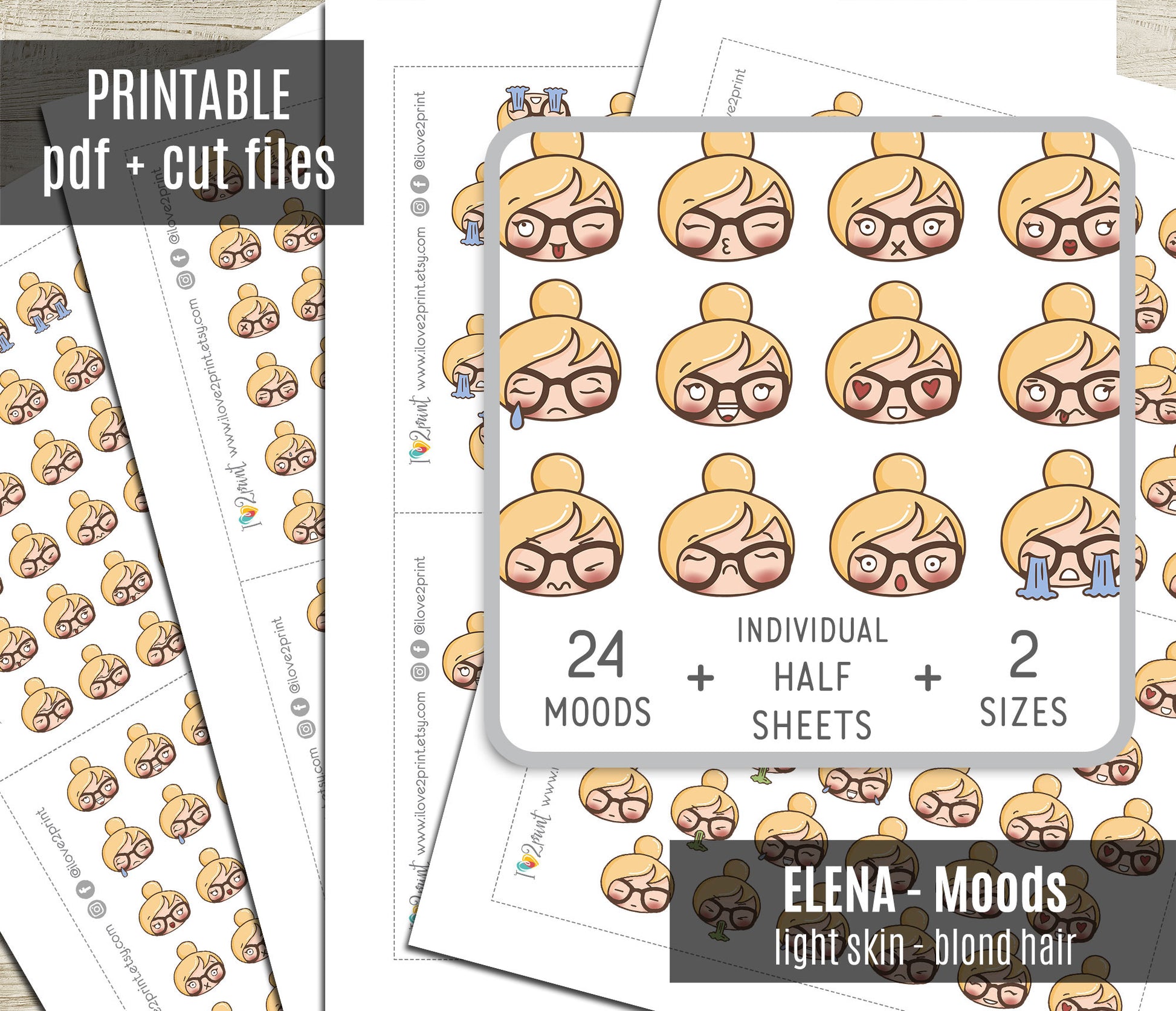 Sheet of printable stickers with blond hair character design, labeled 'Elena - Moods', on a white background.