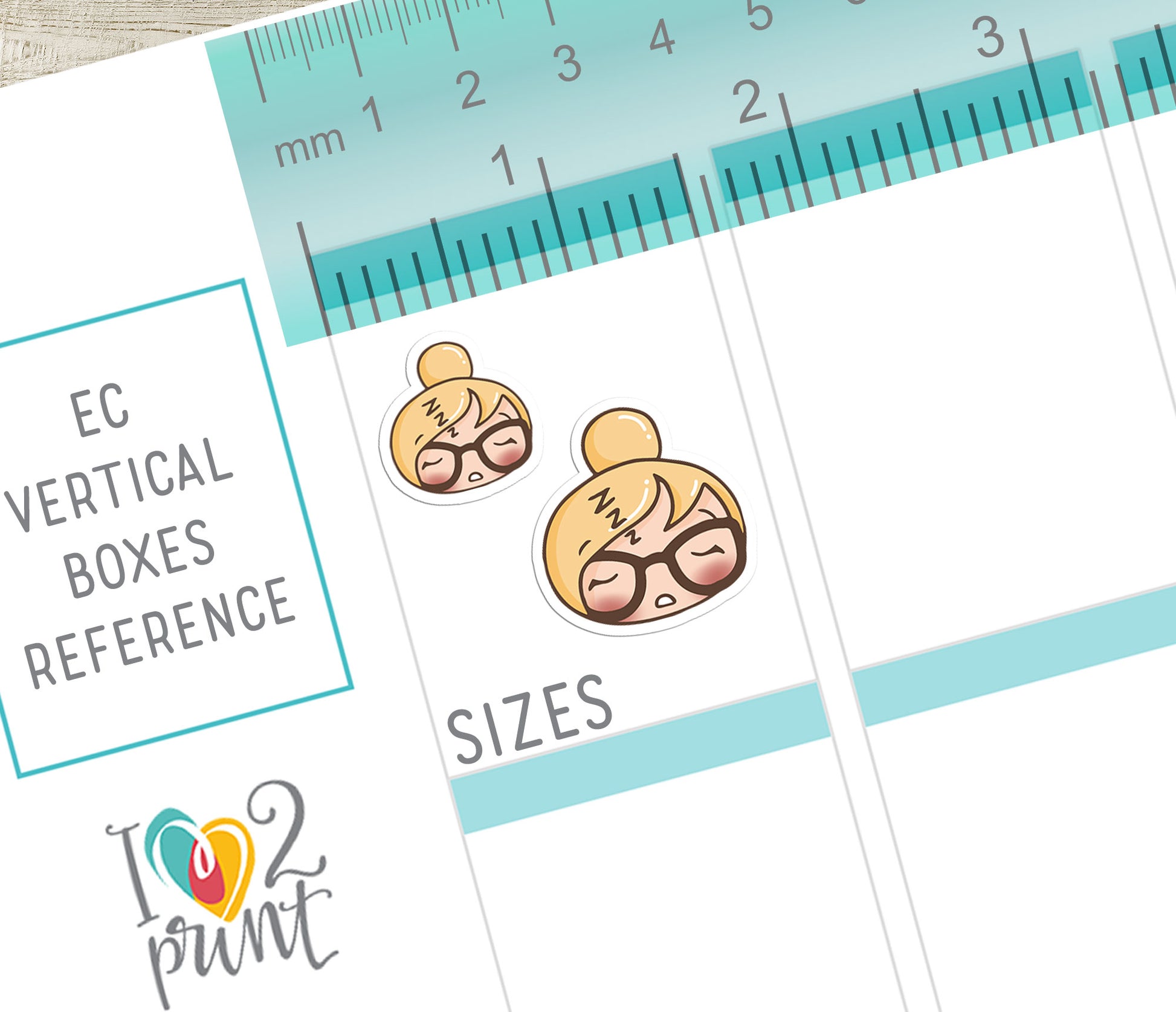 Measurement chart with vertical boxes and a ruler, featuring a blond hair emoji in 2 sizes