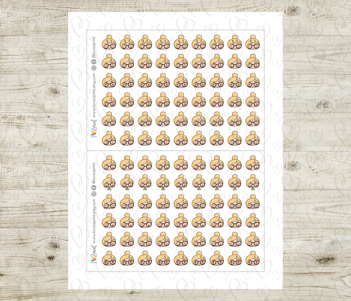 Sheet of planner stickers with a blond hair girl and differed moods on a wooden surface