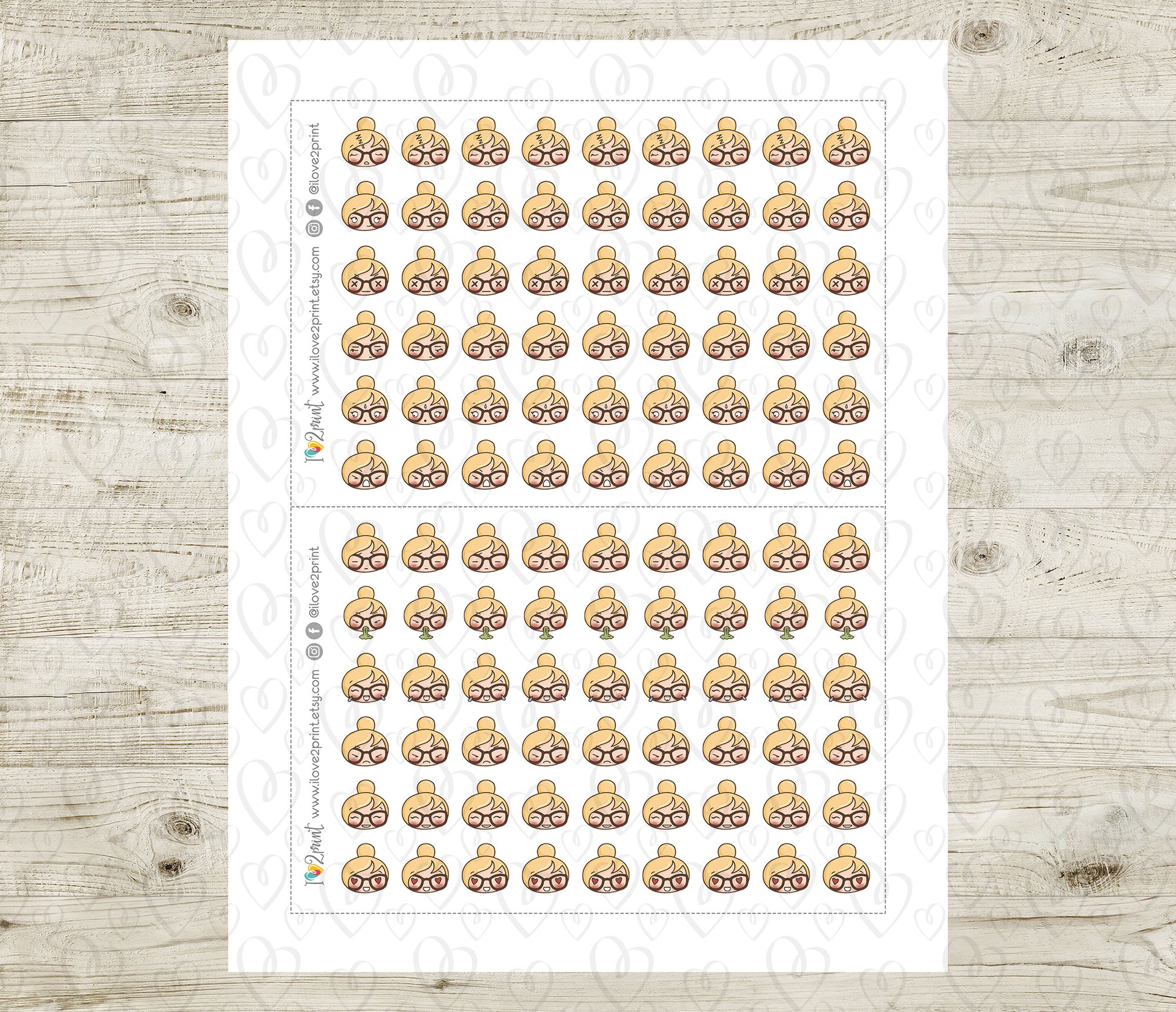 Sheet of planner stickers with a blond hair girl and differed moods on a wooden surface
