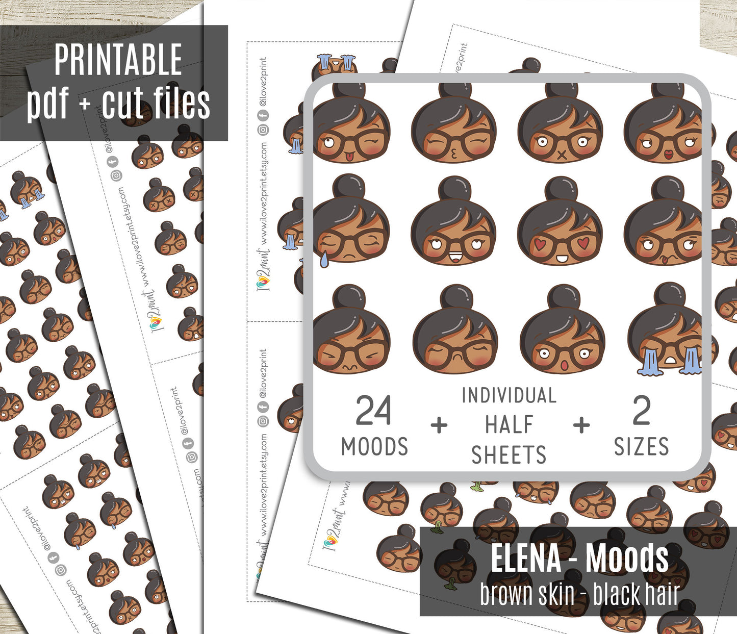 Sheet of printable stickers with character mixed feelings design labeled 'Elena - Moods' on a white background.