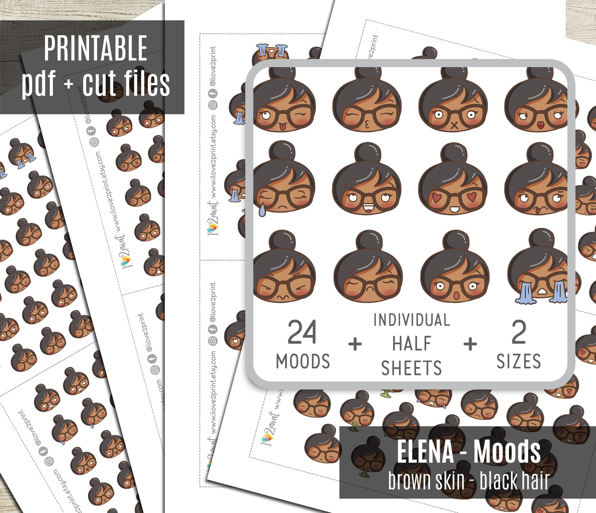 Sheet of printable stickers with character mixed feelings design labeled 'Elena - Moods' on a white background.