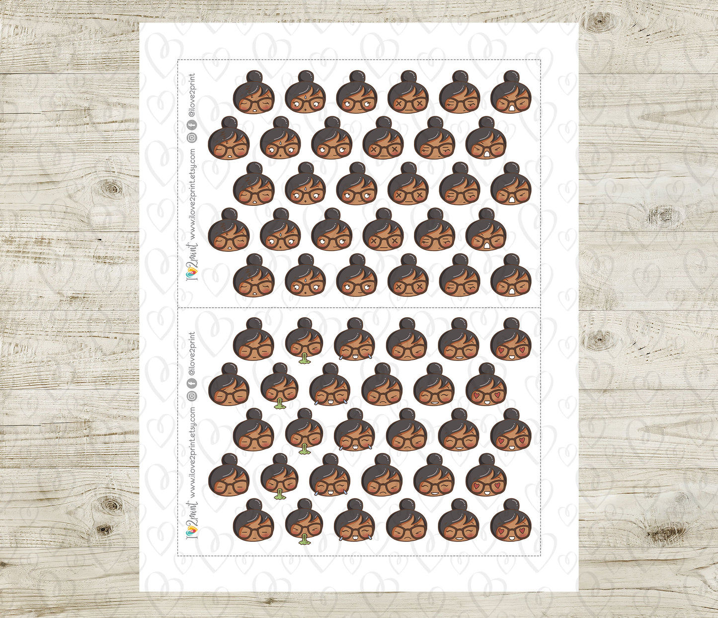 Sheet of stickers with illustrated women feelings on a wooden surface