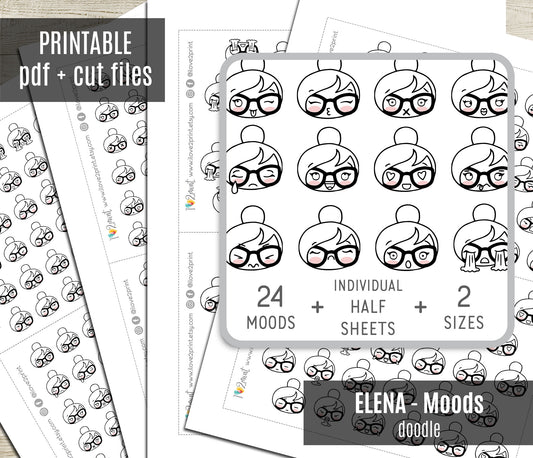Elena Mood Feelings Doodle Printable Planner Stickers | 24 Faces Outline Emotions | PDF Cut Files Cricut