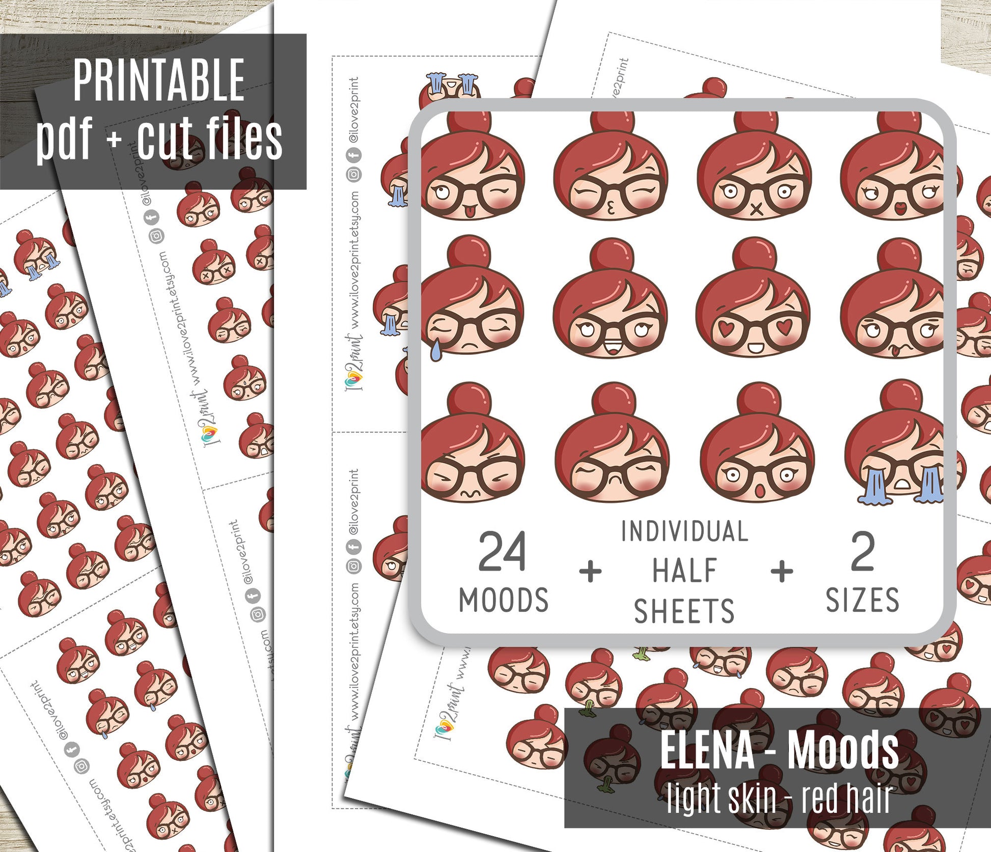 Sheet of printable stickers with red-haired character mood designs on a white background.