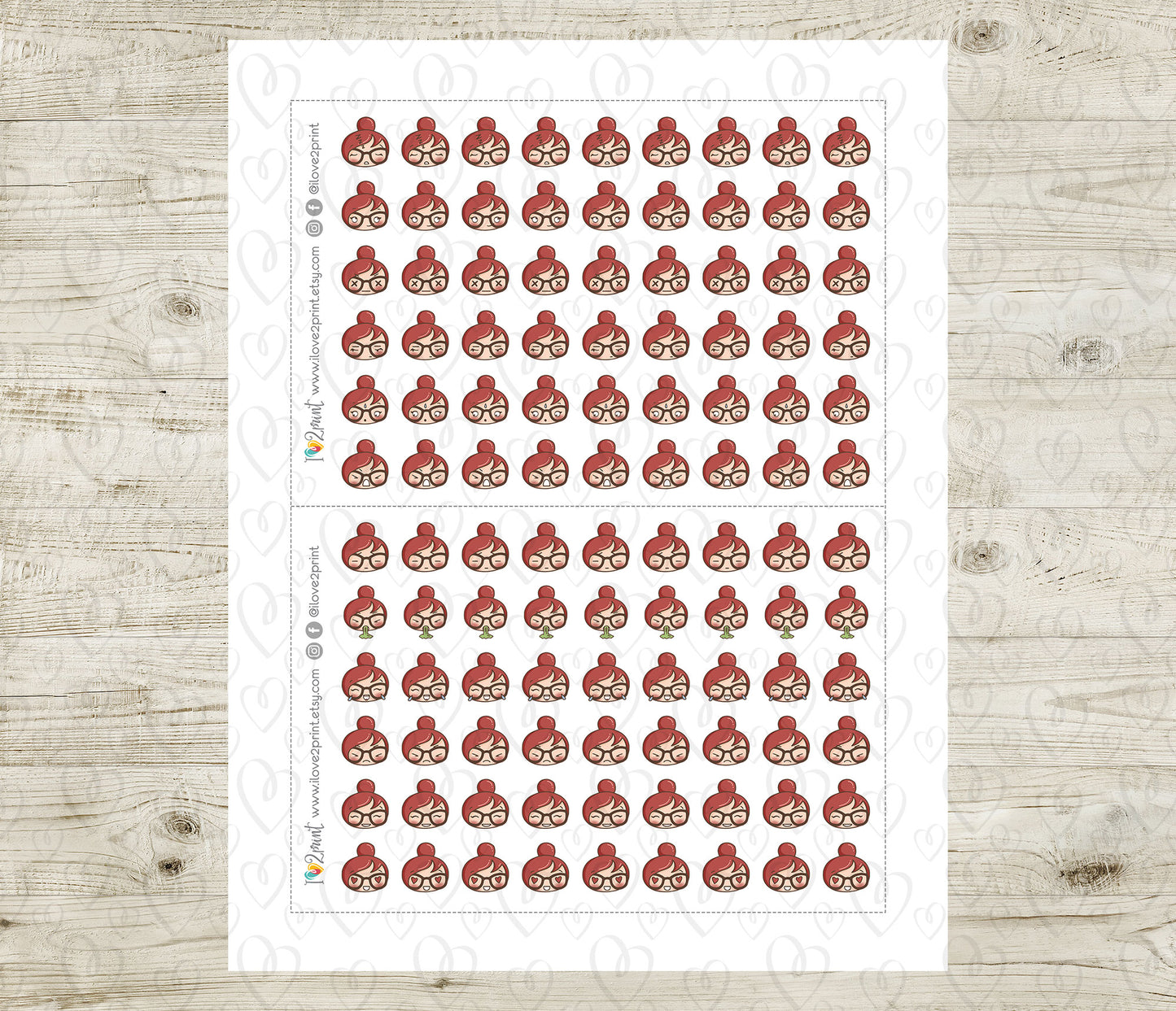 Sheet of red hair planner girl stickers moods on a wooden surface