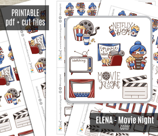 Elena Movie Night – Colored Printable Planner Stickers – 2 Skin Tones – PDF + Cut Files – Instant Download