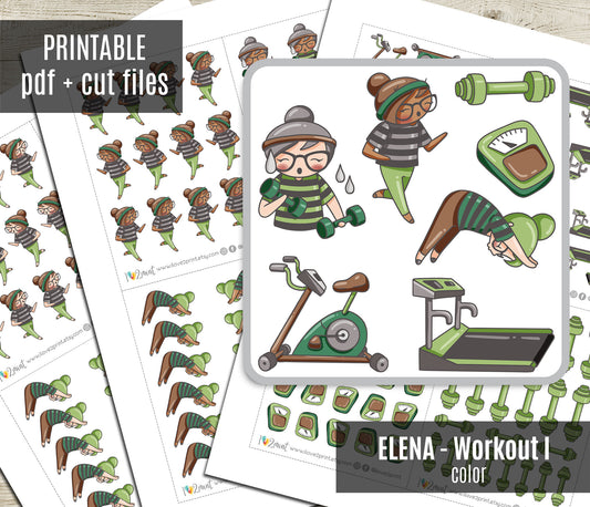 Elena Workout Set 1 – COLOR Printable Planner Stickers – Fitness, Yoga, Running & Gym – PDF + Cut Files – Personal Use