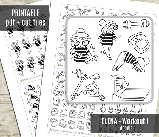 Elena Workout Set 1 – DOODLE Printable Planner Stickers – Fitness, Yoga, Running & Gym – PDF + Cut Files – Personal Use