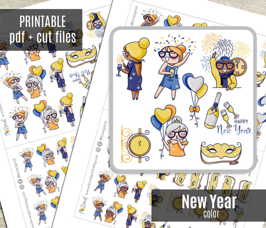 Elena Happy New Year – Doodle Printable Planner Stickers – PDF & Cut Files – Instant Download