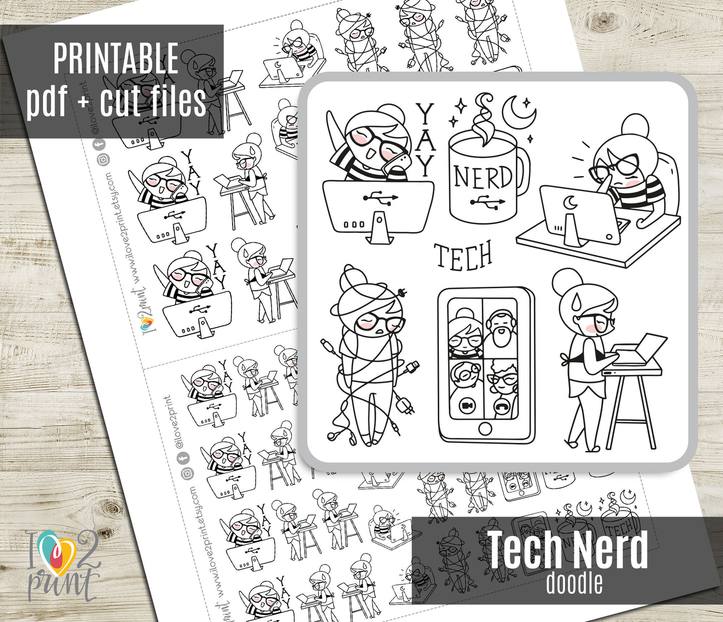 Elena Tech Nerd Doodle Printable Planner Stickers | Outline Coding | 2 Sizes | PDF Cut Files