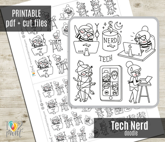 Elena Tech Nerd Doodle Printable Planner Stickers | Outline Coding | 2 Sizes | PDF Cut Files