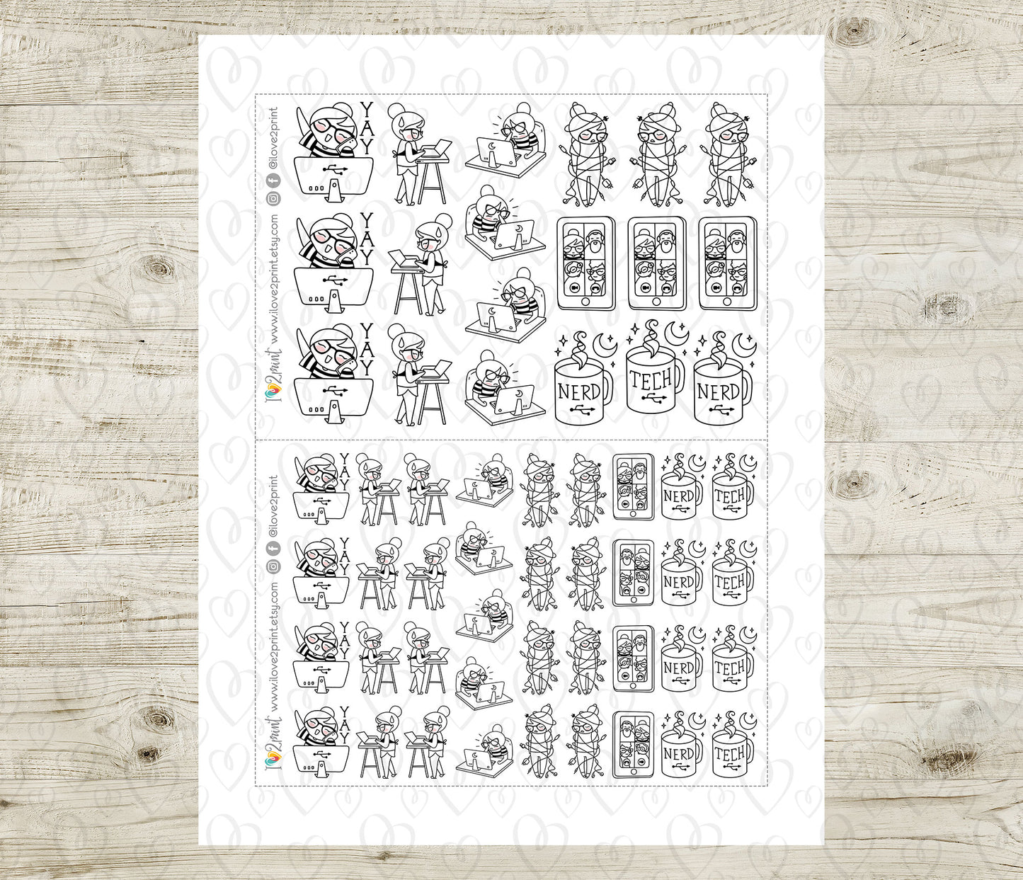 Elena Tech Nerd Doodle Printable Planner Stickers | Outline Coding | 2 Sizes | PDF Cut Files