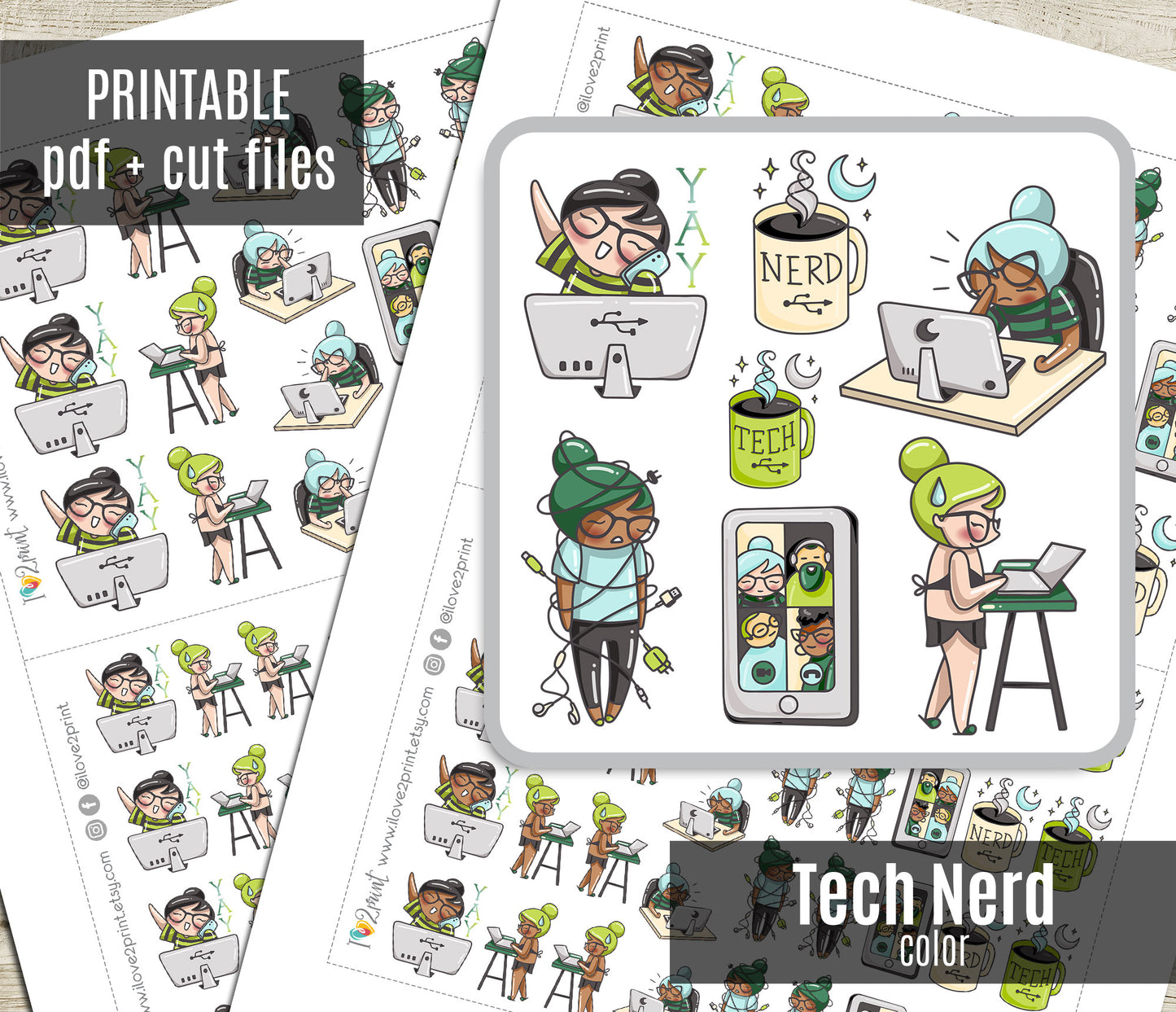 Elena Tech Nerd Color Printable Stickers | 2 Skin Tones Coding | 2 Sizes | PDF Cut Files