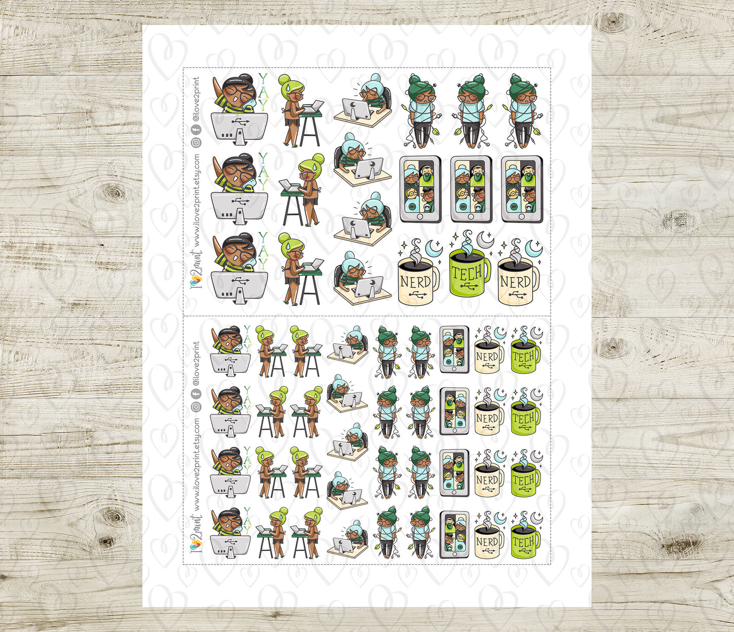 Elena Tech Nerd Color Printable Stickers | 2 Skin Tones Coding | 2 Sizes | PDF Cut Files