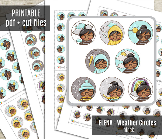 Elena Weather Circles – BROWN skin BLACK hair Printable Planner Stickers – PDF + Cut Files