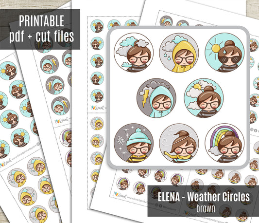 Elena Weather Circles – LIGHT skin BROWN hair Printable Planner Stickers – PDF + Cut Files