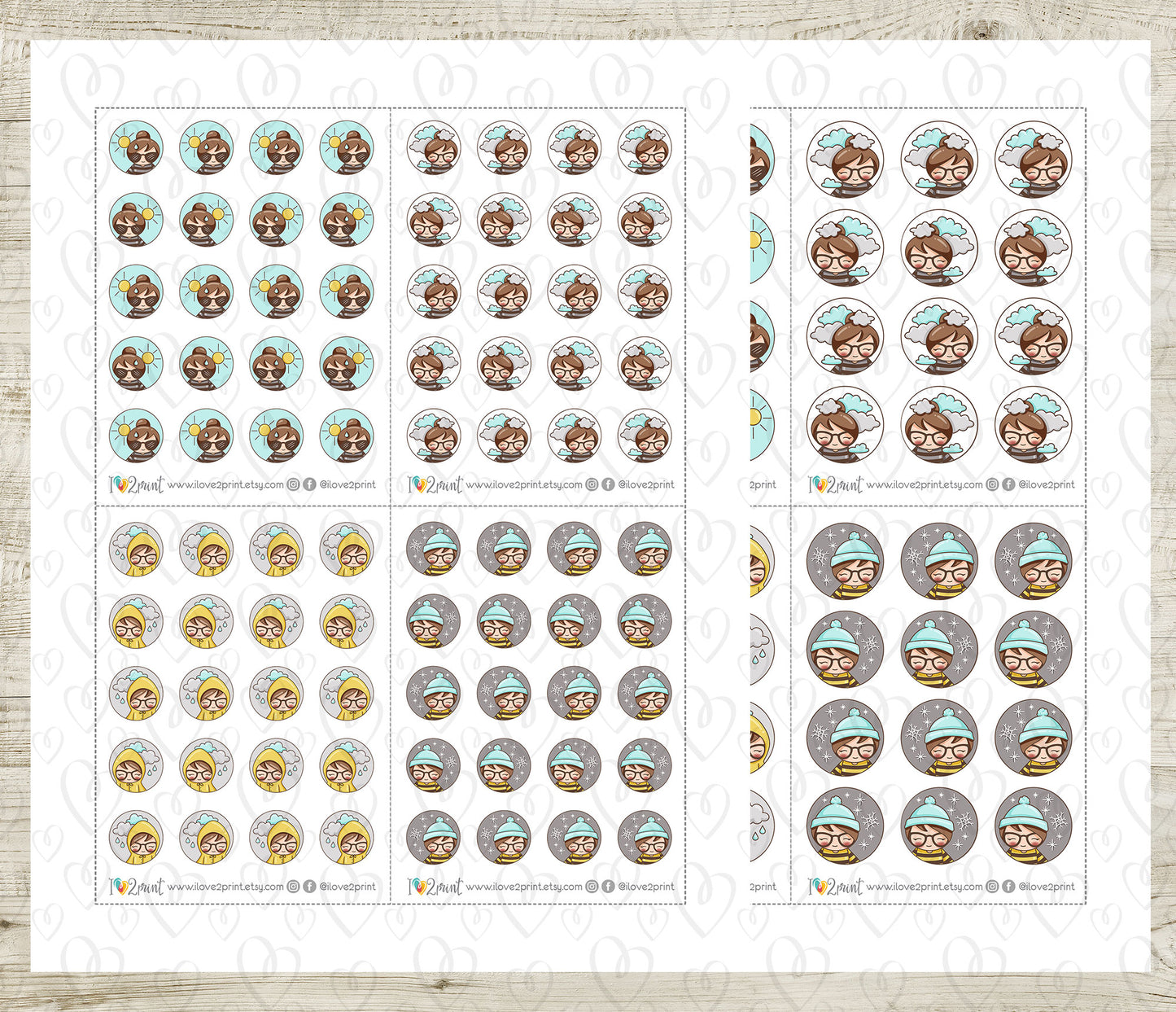 Elena Weather Circles – LIGHT skin BROWN hair Printable Planner Stickers – PDF + Cut Files
