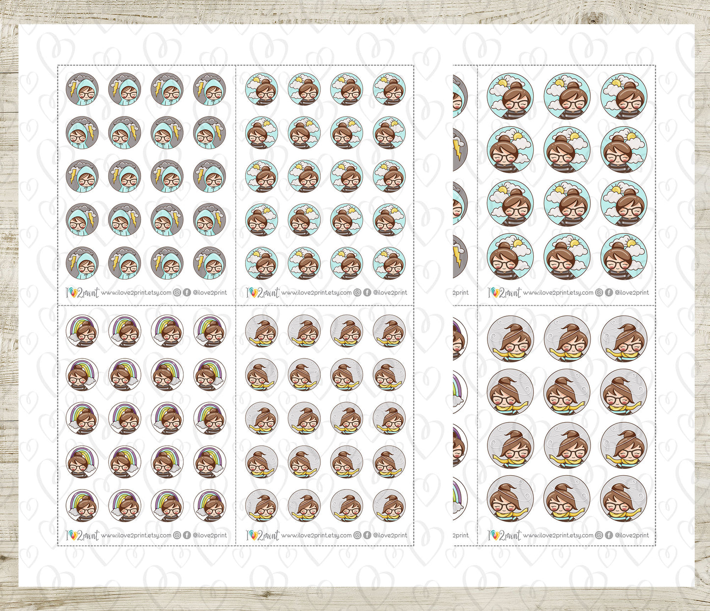 Elena Weather Circles – LIGHT skin BROWN hair Printable Planner Stickers – PDF + Cut Files