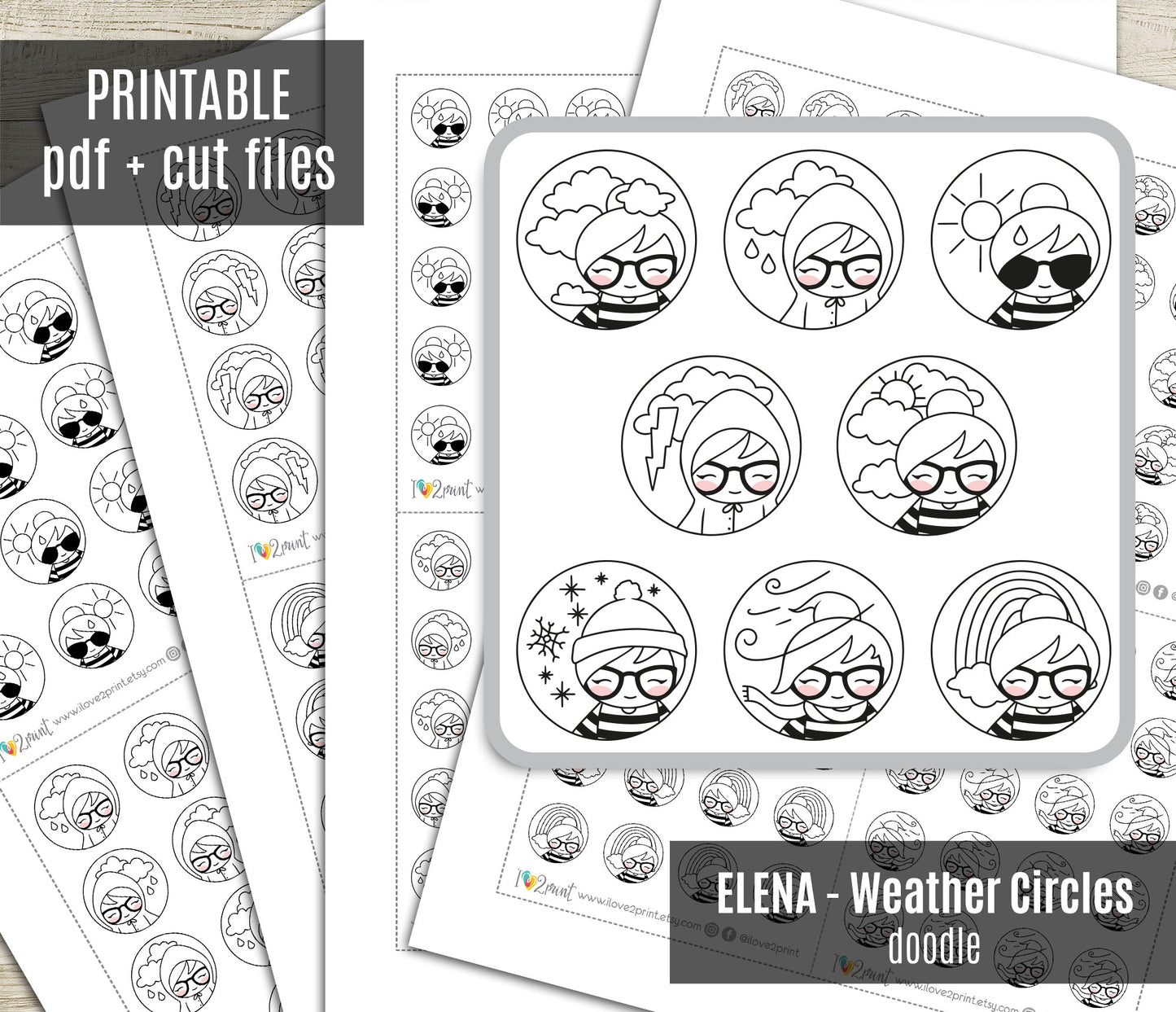 Elena Weather Circles – DOODLE Printable Planner Stickers – PDF + Cut Files