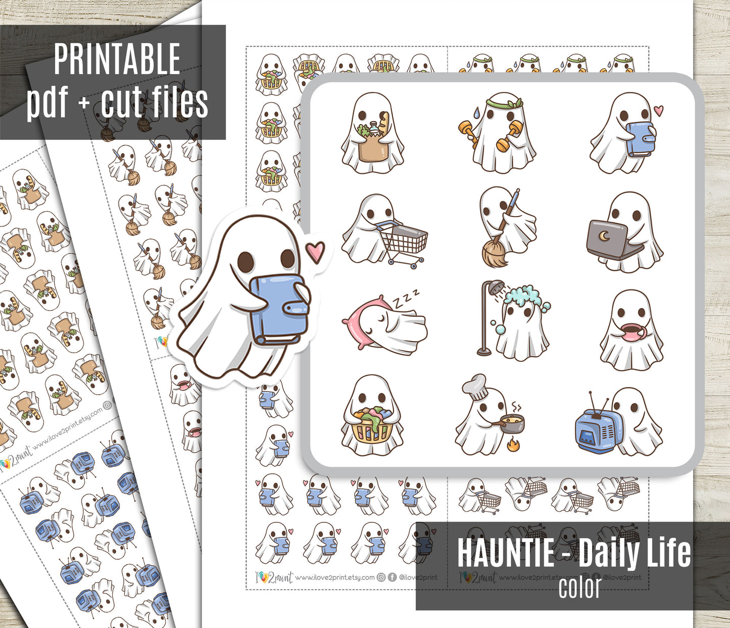 Hauntie the Ghost – COLOR Daily Life BUNDLE 1 – Printable Planner Stickers – PDF + Cut Files – Instant Download
