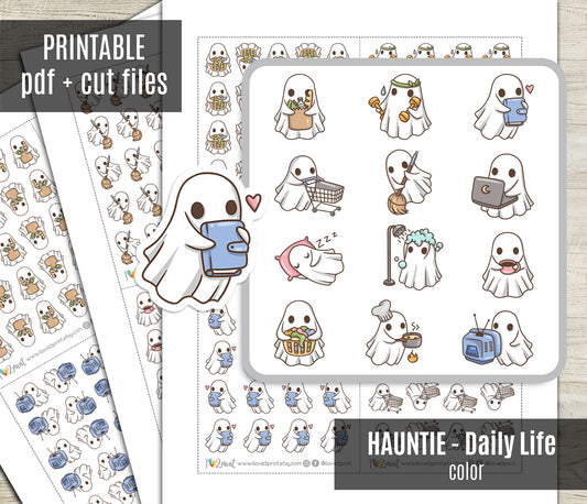 Hauntie the Ghost – COLOR Daily Life BUNDLE 1 – Printable Planner Stickers – PDF + Cut Files – Instant Download