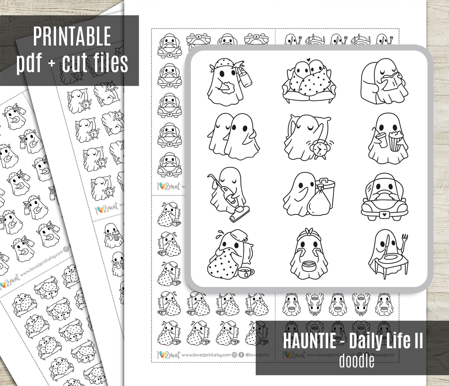 Hauntie the Ghost – DOODLE Daily Life BUNDLE 2 – Printable Planner Stickers – PDF + Cut Files – Instant Download