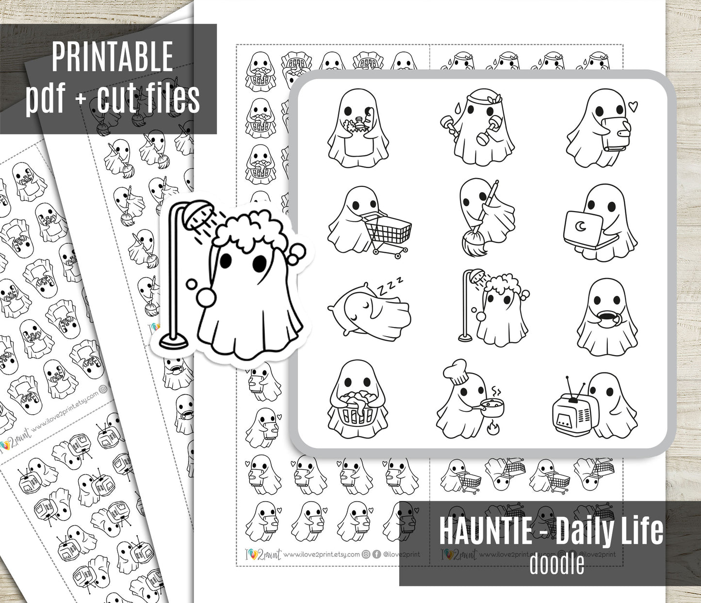 Hauntie the Ghost – DOODLE Daily Life BUNDLE 1 – Printable Planner Stickers – PDF + Cut Files – Instant Download