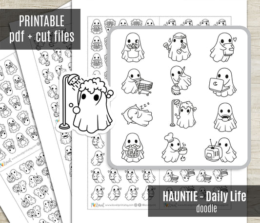 Hauntie the Ghost – DOODLE Daily Life BUNDLE 1 – Printable Planner Stickers – PDF + Cut Files – Instant Download