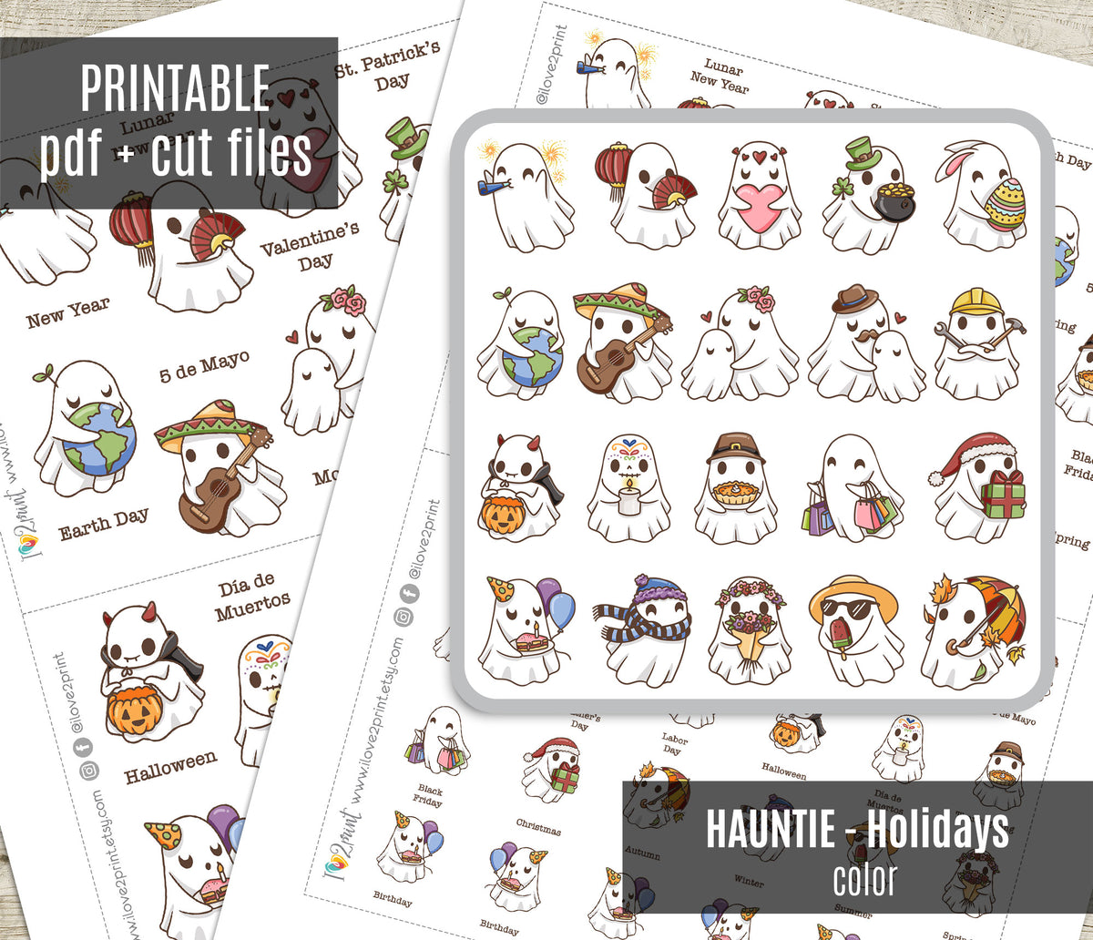 Hauntie Ghost Holidays Color Printable Stickers | Cute Spooky Seasons | PDF Cut Files