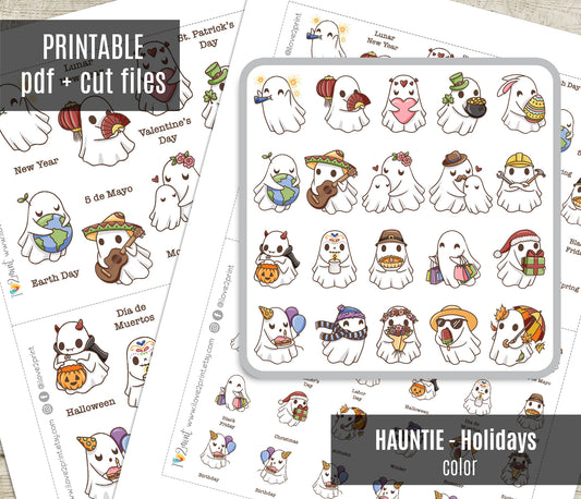 Hauntie Ghost Holidays Color Printable Stickers | Cute Spooky Seasons | PDF Cut Files