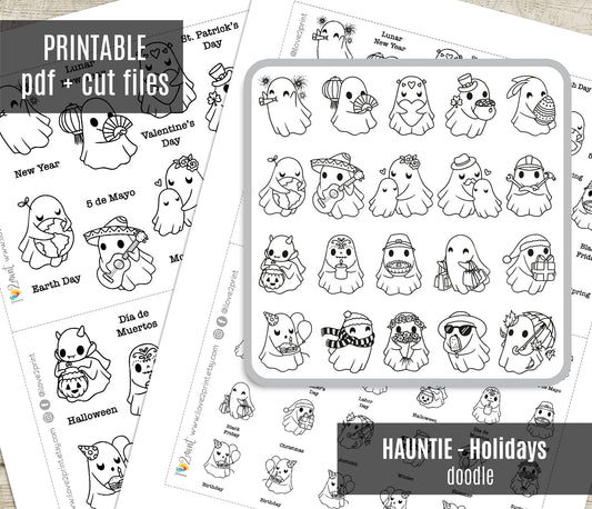 Hauntie Ghost Holidays Doodle Printable Stickers | Cute Spooky Seasons | PDF Cut Files