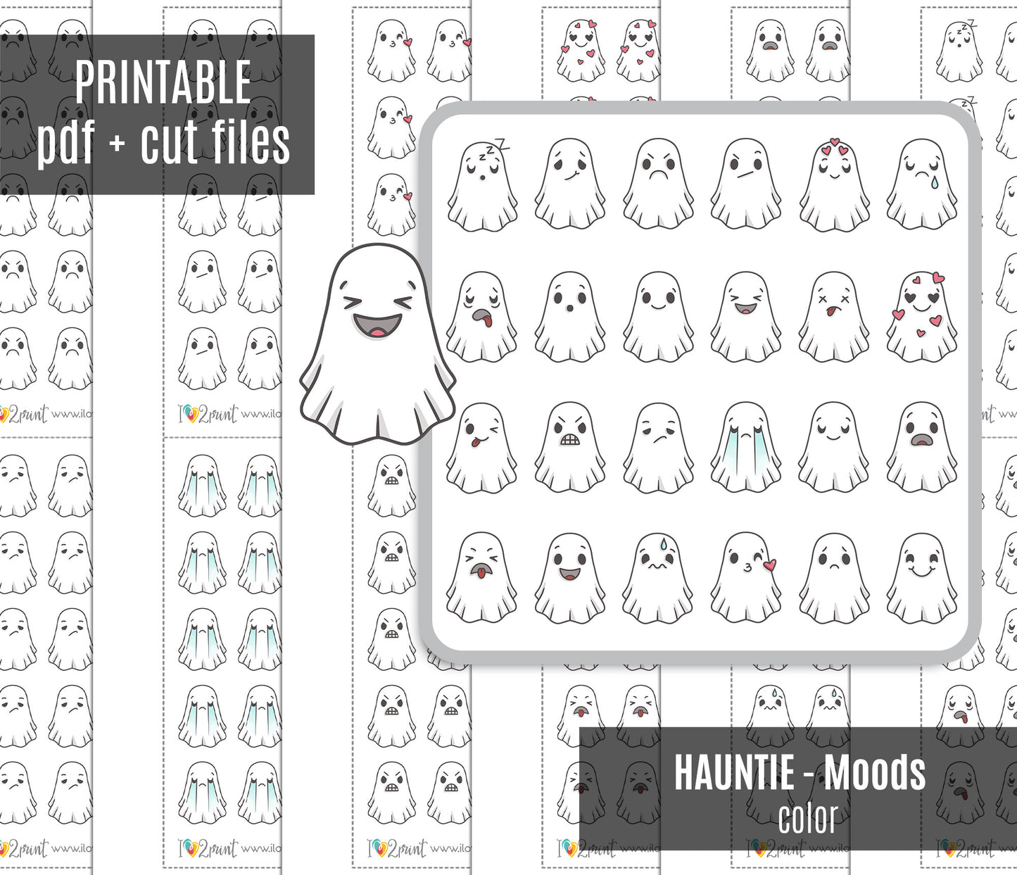 Hauntie Ghost 24 Moods Color Printable Stickers | Cute Spooky Emotions | PDF Cut Files