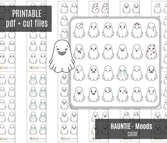 Hauntie Ghost 24 Moods Color Printable Stickers | Cute Spooky Emotions | PDF Cut Files