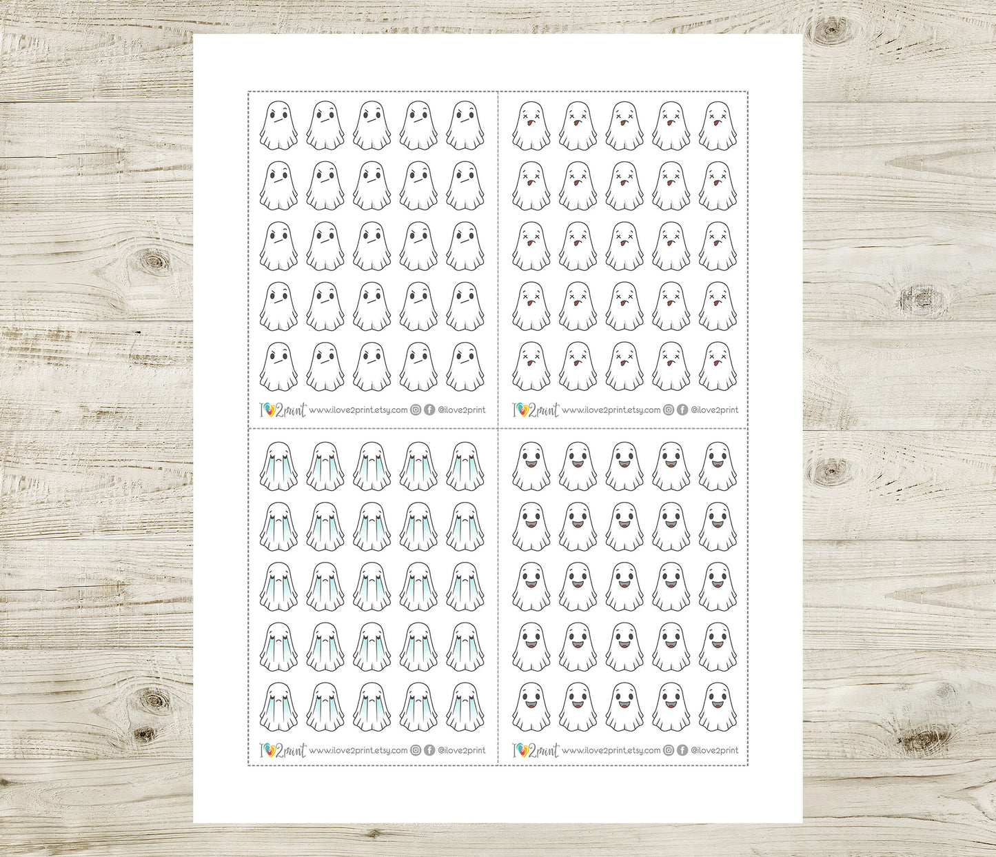 Hauntie Ghost 24 Moods Color Printable Stickers | Cute Spooky Emotions | PDF Cut Files