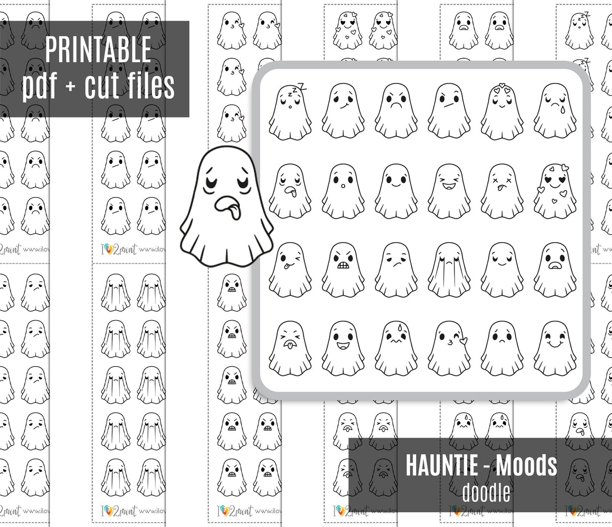Hauntie Ghost 24 Moods Doodle Printable Stickers | Cute Spooky Emotions | PDF Cut Files