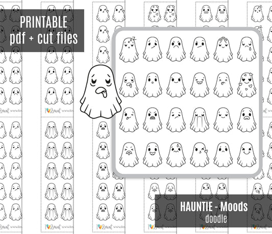 Hauntie Ghost 24 Moods Doodle Printable Stickers | Cute Spooky Emotions | PDF Cut Files