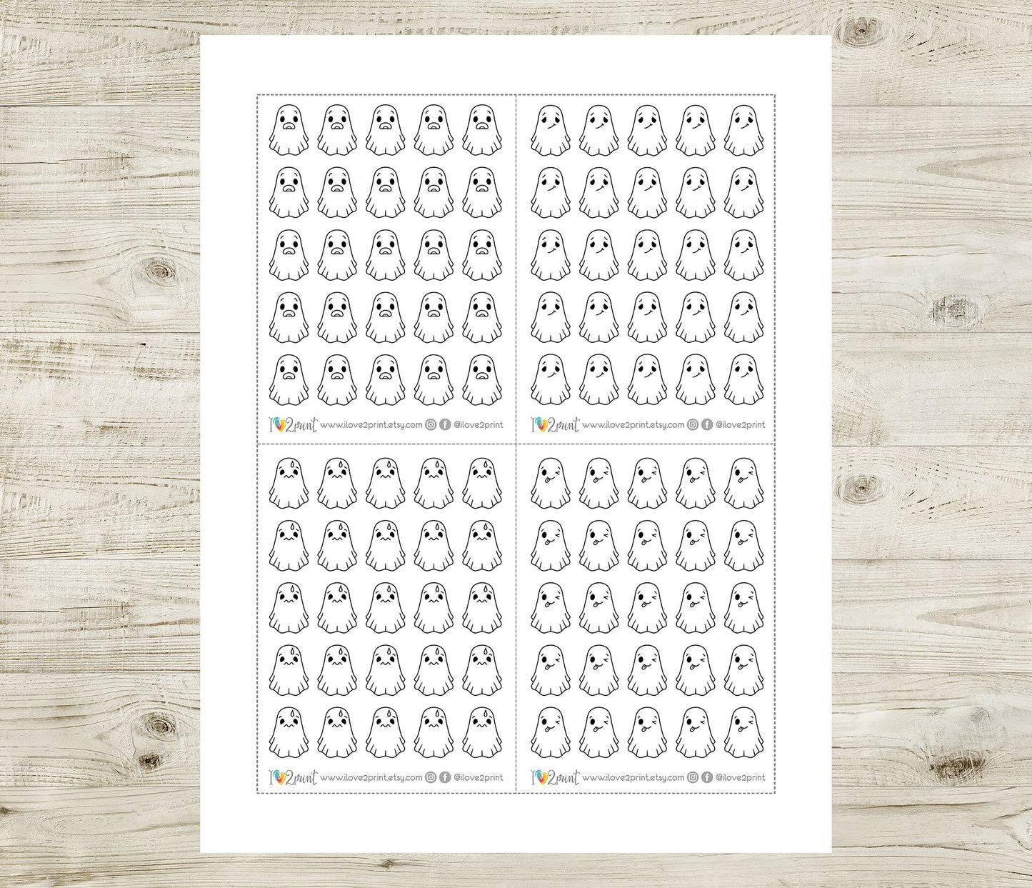 Hauntie Ghost 24 Moods Doodle Printable Stickers | Cute Spooky Emotions | PDF Cut Files