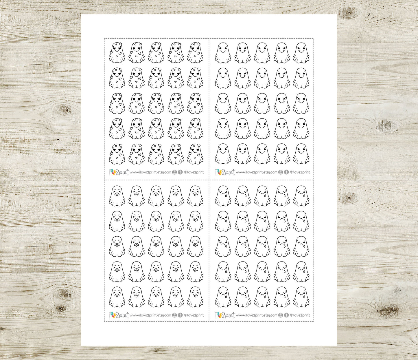 Hauntie Ghost 24 Moods Doodle Printable Stickers | Cute Spooky Emotions | PDF Cut Files