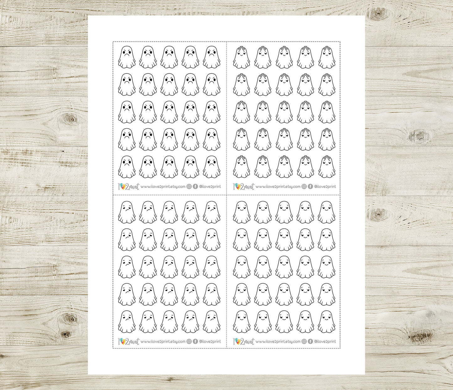 Hauntie Ghost 24 Moods Doodle Printable Stickers | Cute Spooky Emotions | PDF Cut Files