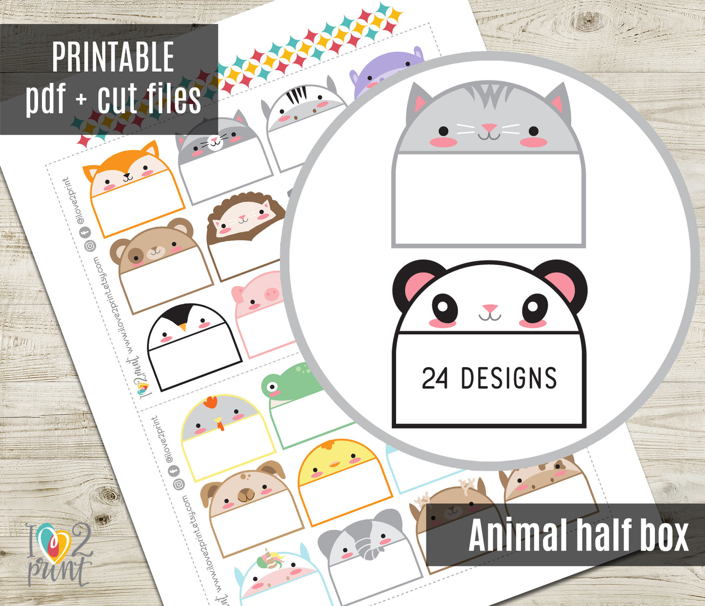 Kawaii Animals Sticker Half Box Notes – Cute Functional & Decorative Printable Labels – PDF + Cut Files