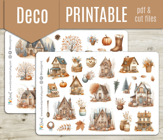 Autumn Houses – Cozy Fall Decorative Printable Stickers – PDF & Cut Files