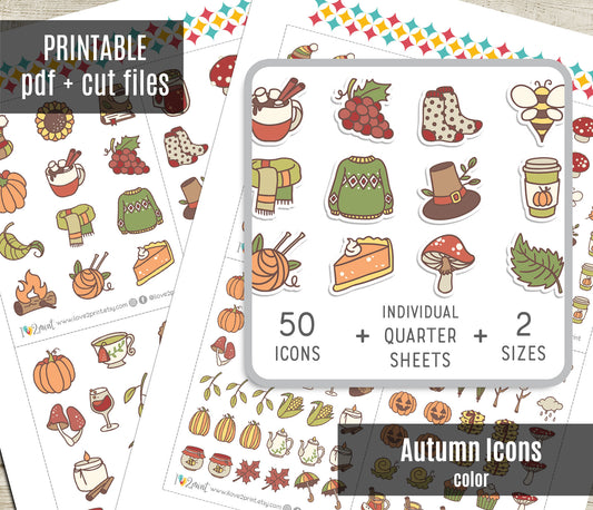 50 Fall Printable Icons Stickers – COLOR Planner Icons - PDF & Cut Files