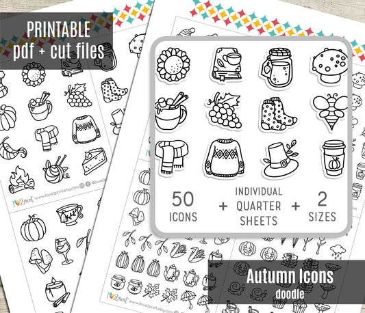 50 Fall Printable Icons Stickers – STAMP Planner Icons - PDF & Cut Files